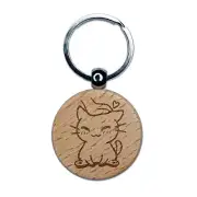 Satisfied Cat Kitty Headpat Engraved Wood Round Keychain Tag Charm