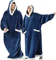 CASKIE One Piece Extra Long Hoodie Blanket for Women and Men, Oversized Fleece Wearable Sweatshirt for Adult, Super Warm Sherpa Hoodie, One Size XXXL, A. Blue, One Size