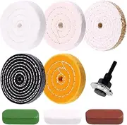 Tanstic 9Pcs 4'' Buffing Polishing Wheels Set Soft(30Ply)/ Fine(50Ply)/ Medium(38Ply)/ Coarse 1/2" Thick with 1/2" Arbor Hole with 1/4" Shank and 3Pcs Polishing Compounds for Bench Grinder or Drill