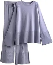 [Generic] Women's Crew Neck Loose Knit Pullovers Elastic Waist Wide Leg Flared Pant Matching Sets Lounge Sets Tracksuits