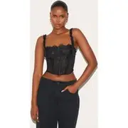 Black Mesh Lace Panel Curved Hem Corset, Black