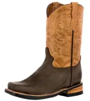 Kids Unisex Genuine Leather Cowboy Boots Two Tone Brown Square Toe Youth Size 13