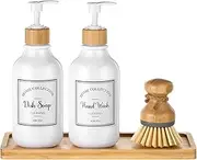 4 Pieces Kitchen Soap Dispenser Set 16 oz Dish Soap Dispenser with Bamboo Pump Soap Tray and Dish Brush Bathroom Soap Dispenser Set with Waterproof Labels for Hand Soap Dish Lotion (White)