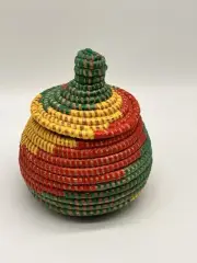Senegal Hand Woven Small Basket Pot with Lid Multicoloured Storage 6”H Trinkets