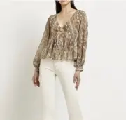 River Island Chiffon Snake Print Ring Detail Top - Brown SIZE 8 UK