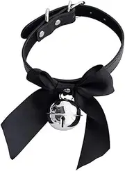 [Jilneed] Lolita Leather Choker Collar for Women Punk Necklace Cute Bow Lace Girls Cosplay Cat Bell Chokers (Black), Leather