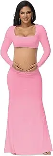 [JustVH] Maternity Dress for Photoshoot Solid Cut Out Backless Long Sleeve Maxi Photography Pregnancy Dress for Women