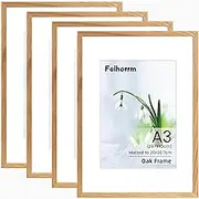 A3 Picture Frame, 4 Pack Solid Oak Wood A3（30x42 cm Frame with Mount for A4(21x29.7 cm) Print, Wall Mounting A3 Poster Documents Certificate Frame with Tempered Glass for Home Office
