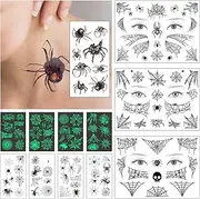 Spider Web Eye Face Temporary Tattoos Women Girls Halloween 3D Realistic Assorted Black Widow Cobweb Net Glow Night Sticker Kids Party Favor Decor Supplies Children Costume Accessories 12 Sheet