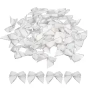 50Pcs Mini Metallic Edge Ribbon Bow 1" Flower Bows Soft Silver Edge White