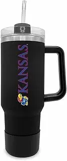 Campus Colors NCAA Travel Tumbler with Handle - Dual Option Lid with Straw - Vacuum Insulated Stainless Steel (Kansas Jayhawks - Black, 40oz)