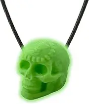 [Delta Loom] Aztec Death Whistle Necklace - Green Glow In the Dark Skull Pendant for Men & Women - 125+ dB Screaming Sound - Grunge Gothic Statement Jewelry - Loud Horror Necklace - 20" Black Waxed Cord - Made in