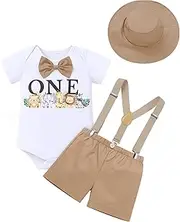 [FYMNSI] Baby Boy 1st Birthday Cake Smash Outfit Jungle Safari Party Short Sleeve Romper Shorts Y-back Suspenders Hat 4pcs Set