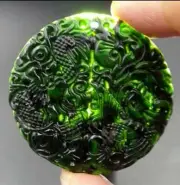 Chinese Antique Natural Dark Green Jade Pendant Dragon and Phoenix Pendant 2Pc