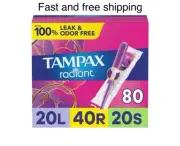 Tampax Radiant Tampons Trio Pack, Light/ Regular/Super, Unscented,80 counts