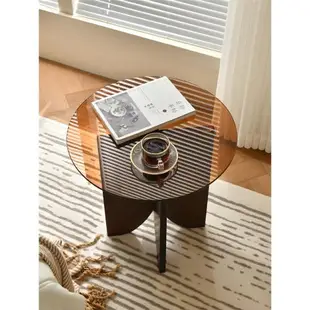 創意中古玻璃邊幾咖啡桌實木圓形小茶幾橡木原木沙發家用客廳邊桌