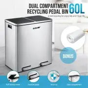 60L Rubbish Bin Dual Compartment Dustbin Pedal Recycling Trashcan Kitchen Waste Garbage Stainless Steel