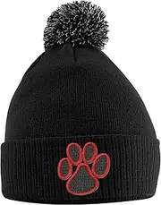 [Purple Print House] Red Cat Paw Print Hat - Bobble Beanie Hat - Cat Owner Gifts for Girls - Winter Beanie Hat with Cute Cat Design Embroidered On The Front