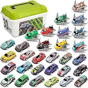 DESINO 30 Pcs Pull Back Toy Cars & Planes Set with Storage Box, Mixed Vehicle Types - Sporty, 3+ Years Old Kids Boys Girls Gift