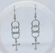 Chainmail cross earrings stainless steel 5cm Handmade Chainmaille Silver Gothic
