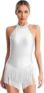 [RUNQHUI] Women's Fringe Trim Dance Leotard Halter Sleeveless Gymnastics Bodysuit Concert Outfits White Large