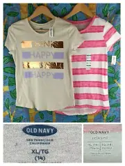 2x Girls 14 Old Navy Tees T Shirts Striped Pink Slogan NWT Teen bundle lot tops