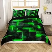 Neon Green and Black 135 x 200 cm Duvet Cover for Boys Girls 3D Checked Geometric Bedding Set, Abstract Square Grid Comfort Cover Breathable Soft Luminous Geometry Duvet Cover