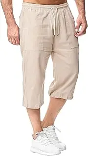 [JEShifangjiusu] Men's Causual 3/4 Long Cotton Shorts Drawstring Elastic Waist Cargo Straight Shorts Wide Leg Baggy Pants, Khaki A1, L