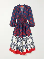 [La DoubleJ] La DoubleJ - Camerino Smocked Printed Cotton Midi Dress - Navy - small small Blue