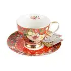 Floral Garden Red Flowers Decorative 200ml Botanical Ceramic Teacup & Saucer Set