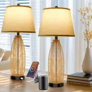 27" Boho Table Lamps Set of 2: Rattan Table Lamp with USB A+C Ports, 3-Color ...