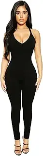 [KOEMCY] Jumpsuit Women's Long Tight Yoga Bodycon Bodysuit Backless One-Piece, black, Small