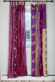2 Pcs Indian Old Sari Purple Curtain Door Drape Window Decor Silk Saree Curtain