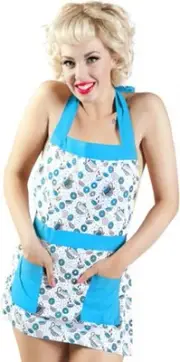 1950s Style Retro Kitchen Apron Sourpuss - Tea & Donuts - 100% Cotton White Blue