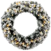 Costway 60CM Pre-Lit Christmas Wreath Garland Snowy Hanging Xmas Decoration w/Timer & LED Lights Window Wall Door