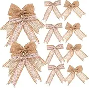 Sewroro 12pcs Pre Tied Rustic Jute Ribbon Bowknot for Wreaths Christmas Trees DIY Decor Versatile Natural Burlap Charms for Holiday Crafting Festive Decorations