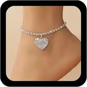 [Andelaisi] Boho CZ Heart Dangle Anklet Bracelet Vintage Crystal Love Anklet Chain Gold Sparkly Tennis Chain Bracelet Rhinestone Heart Shape Link Jewelry for Women