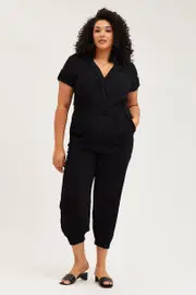Black Jumpsuit V-neck Short Sleeve Waist Tie