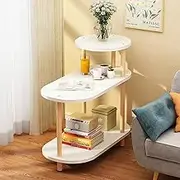 Wooden Side Table with Shelves, 2 Tier, Round and Oval Tops End Tables (White)
