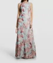 $595 Aidan Mattox Women's Blue Metallic Floral Jacquard Boat Neck Dress Size 12