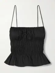 [STAUD] STAUD - Ayla Shirred Cotton-blend Poplin Peplum Top - Black - small small Black