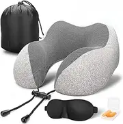 [HaynaH] Travel Pillow 100% Pure Memory Foam Neck Pillow, Comfortable & Breathable Cover, Machine Washable, Airplane Travel Kit with 3D Contoured Eye Masks, Earplugs, and Luxury Bag, Standard (Grey)