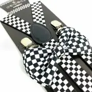 New Adults Black White Checkers Men's Check Bow Tie & Suspender and Bow Tie Set
