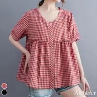 在飛比找momo購物網優惠-【ACheter】夏季韓版格子寬鬆棉麻娃娃裝上衣#11232