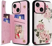 UEEBAI Wallet Case for iPhone 15 with Card Holders, PU Leather Cover Kickstand RFID Blocking Double Magnetic Clasp Rilievo Flower Shockproof Flip Case for Women Girls - Rose Flower
