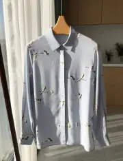 Light Blue Printing Elegant Silk Long Sleeve Shirt Women Lapel Top Office Blouse