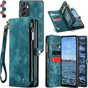 Samsung Galaxy A54 Wallet Case,Zipper Folio Leather Case Wallet with Card Holder Strap Wristlet Detachable Magnetic Protective Back Case for Samsung Galaxy A54 5G 6.4 Inch (Blue)