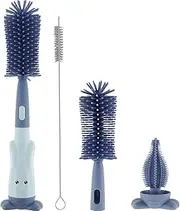 3Pcs Baby Bottle Brush Set, Bottle and Teat Cleaning Brush, Lone Handle Silicone Bottle Cleaner Brush and Teat Cleaning Brush with Stand Portable Straw Cleaner Reusable Bottle Cleaner Brush (Blue)