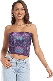 [GuoChe] Summer Sexy Tube Top Native American Indian Talisman Blue Purple with Mesh Bando Bra Women Stretch Tube Top for Summer