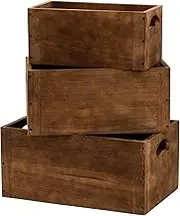 Hedume Set of 3 Nesting Wooden Crates, Wood Crate Box with Handle, Rustic Brown Decorative Wood Storage Crates Container, Stackable Cube Basket Bins Organizer for Home, Office, Closet, Shelf